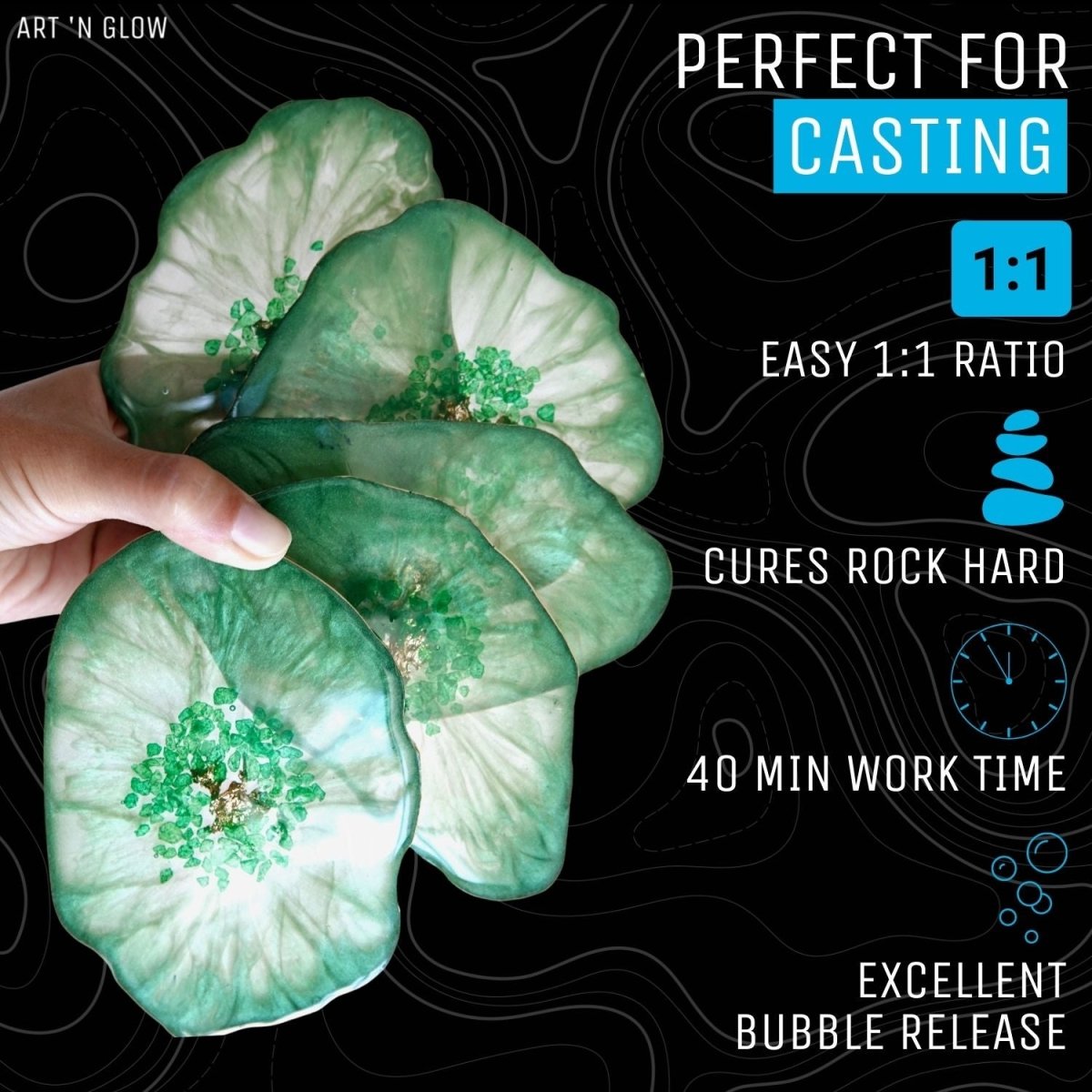 1 to 1 ratio, rock hard cure, 40 minute work time, excellent bubble release epoxy resin