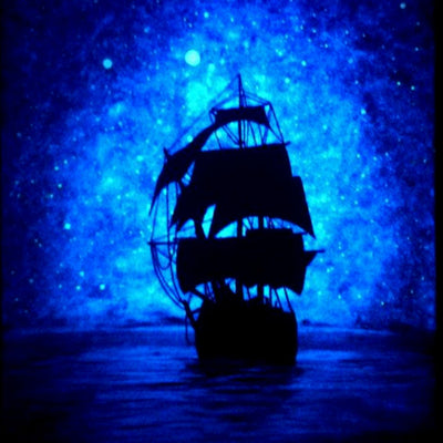 Glowing ship at sea silhouette painting made using art 'n glows glow in the dark acrylic paints.