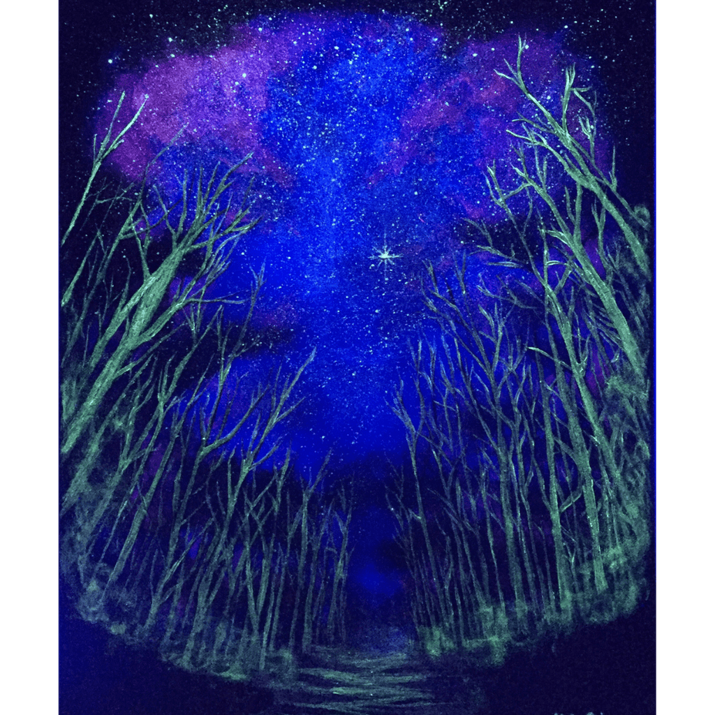 Colorful night in the woods painting made using Art 'N Glow's glow in the dark paint collection.