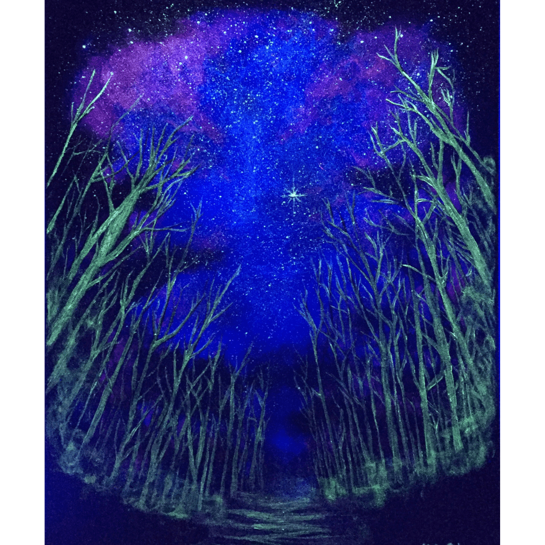 Colorful night in the woods painting made using Art 'N Glow's glow in the dark paint collection.